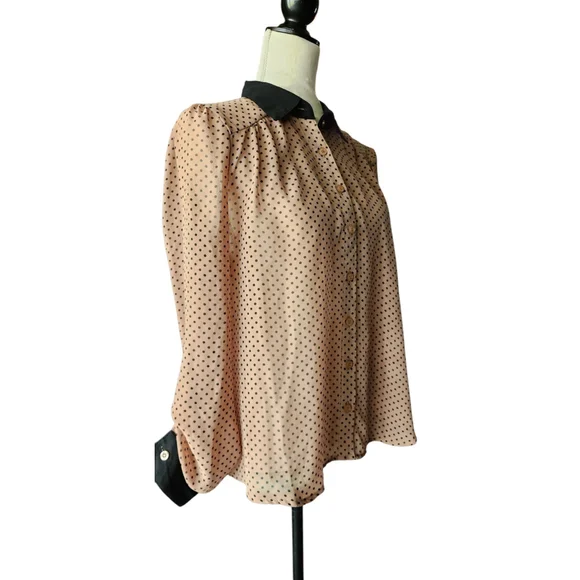 Mine Black & Tan Polka Dot Long Sleeve Sheer Button Down Blouse Top Women's M - Picture 3 of 12
